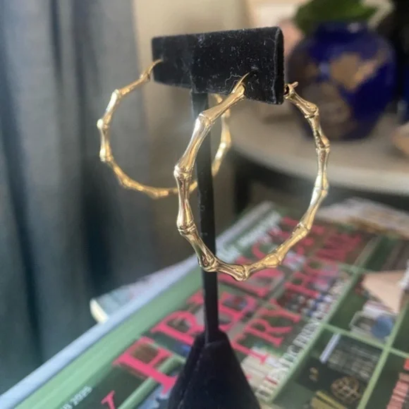 Womens Gold Bamboo Hoop Earrings 18K Gold‎ Plated - Picture 8 of 8